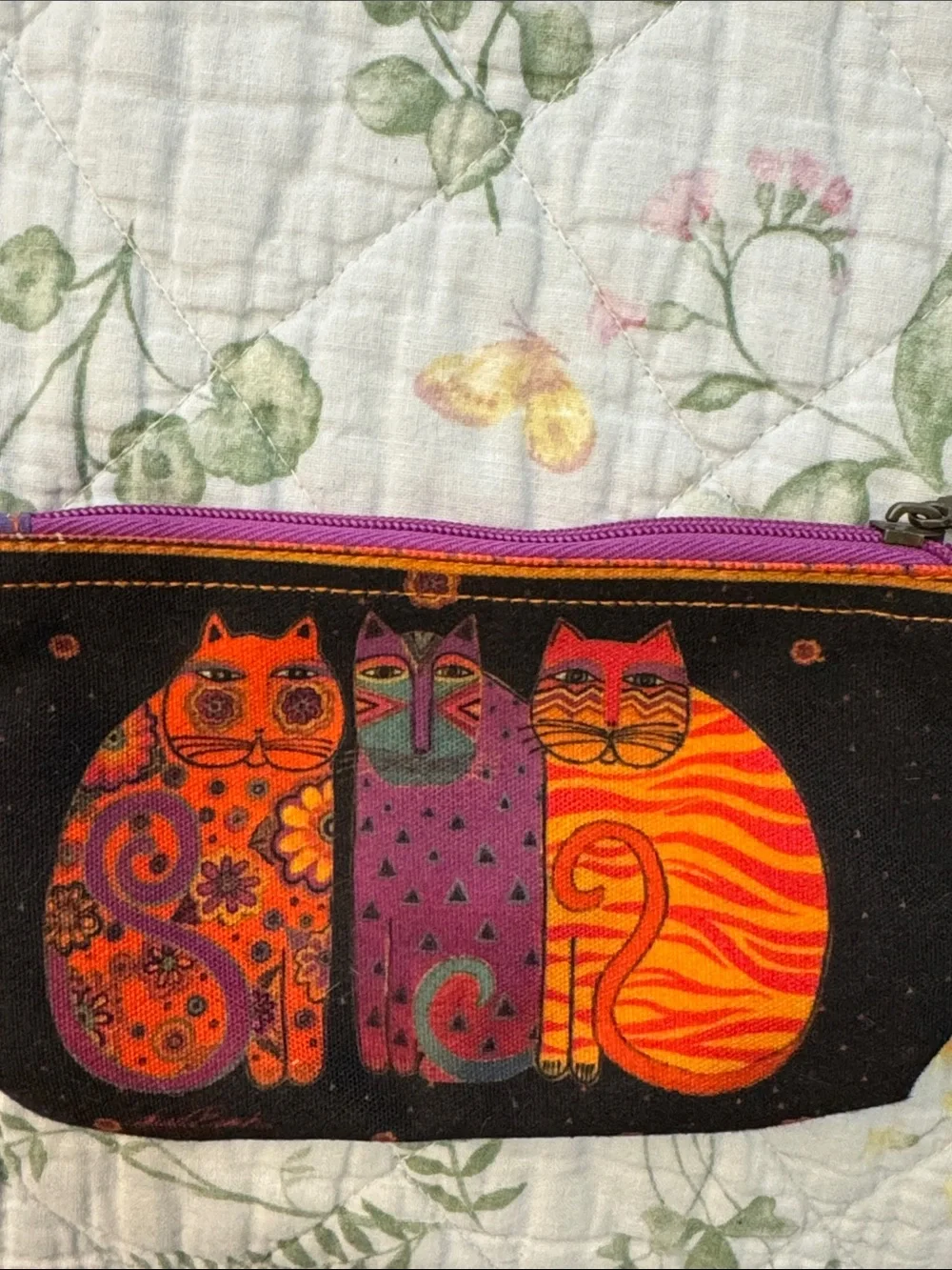 Laurel Burch Colorful Painted Cats On Black Canvas Cosmetic Bag Orange Kitty